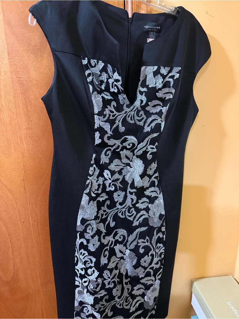 connected apparel Black Sheath Dress with Silver Floral Panel